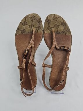 Gucci Monogram Bamboo Brown Womens Leather Sandals Size 36.5
